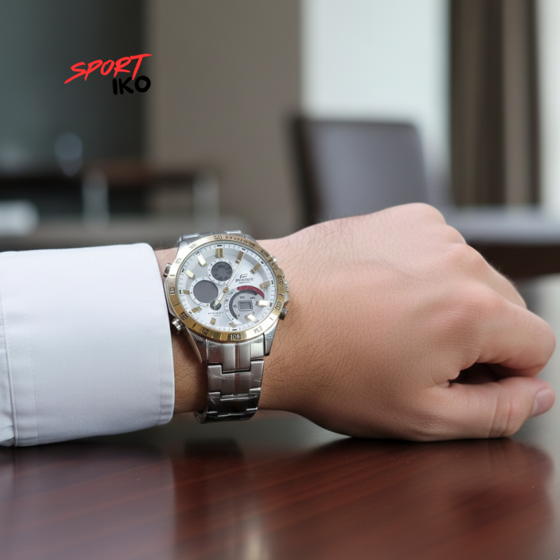 Montre Chronographe Casio Edifice Homme Bicolore – Cadran Blanc, Acier Inoxydable et Lunette Dorée, Modèle EFR-560